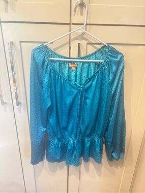 Ellen Tracy Teal Satin Peplum Blouse with Black Polka Dots